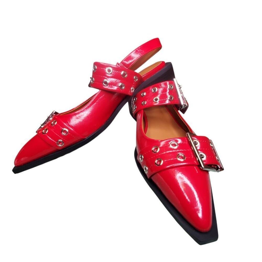 Red Chunky Buckle Slingback Punk Goth Flats Women's Size 9 Pointed Toe